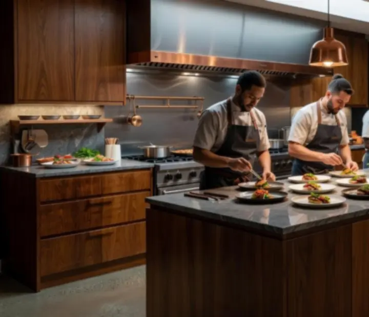 Executive chef plating contemporary Australian dishes in a moody dining room