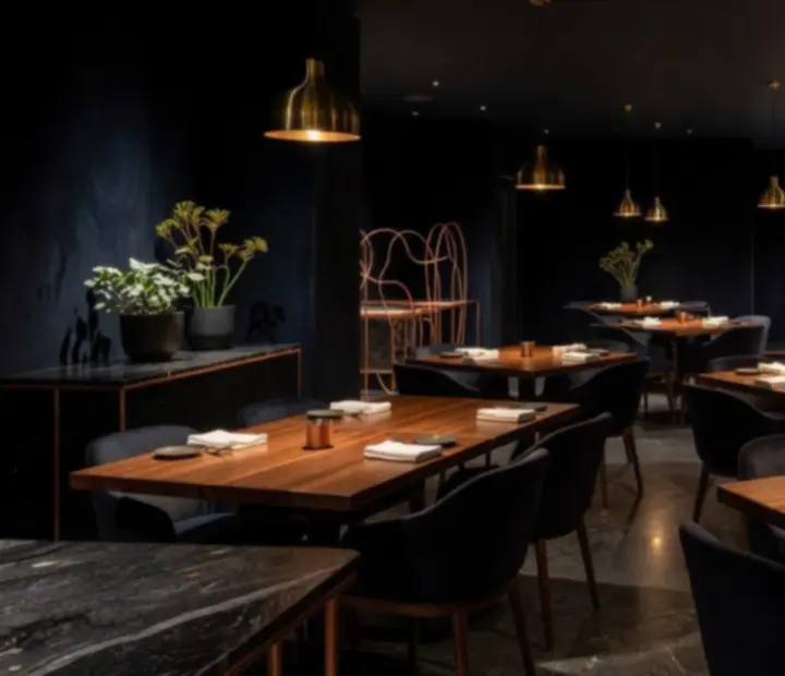 Dimly lit Melbourne restaurant interior with copper details and guests dining