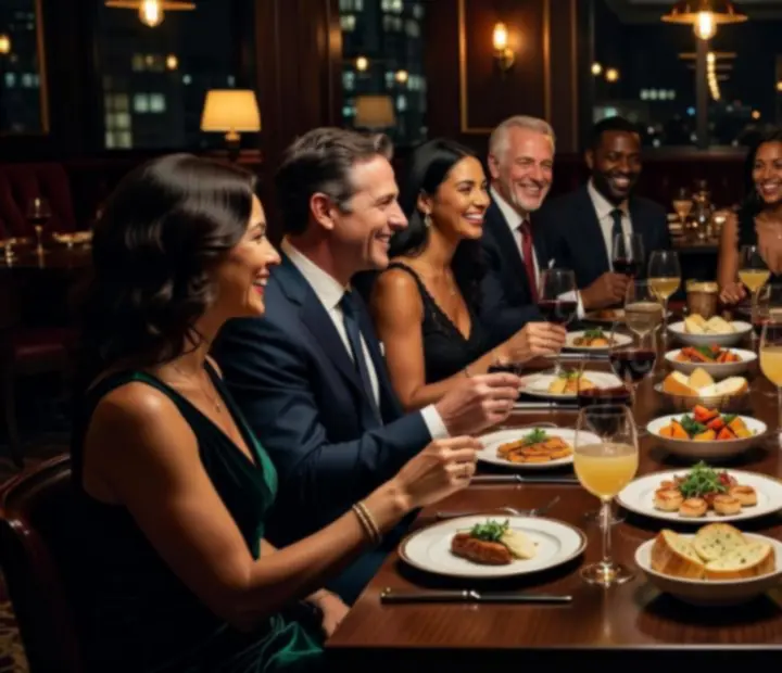 Group dining at a long restaurant table with candlelight and shared dishes