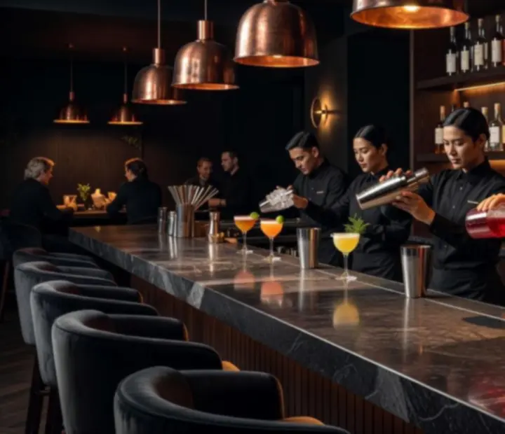 Warmly lit bar with copper details and premium cocktails lined up