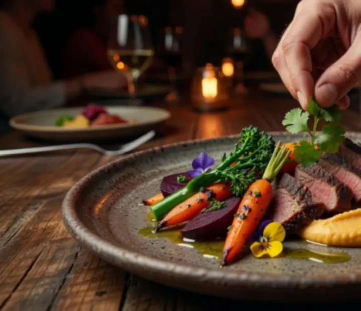 Chef plating a modern Australian signature dish under warm light
