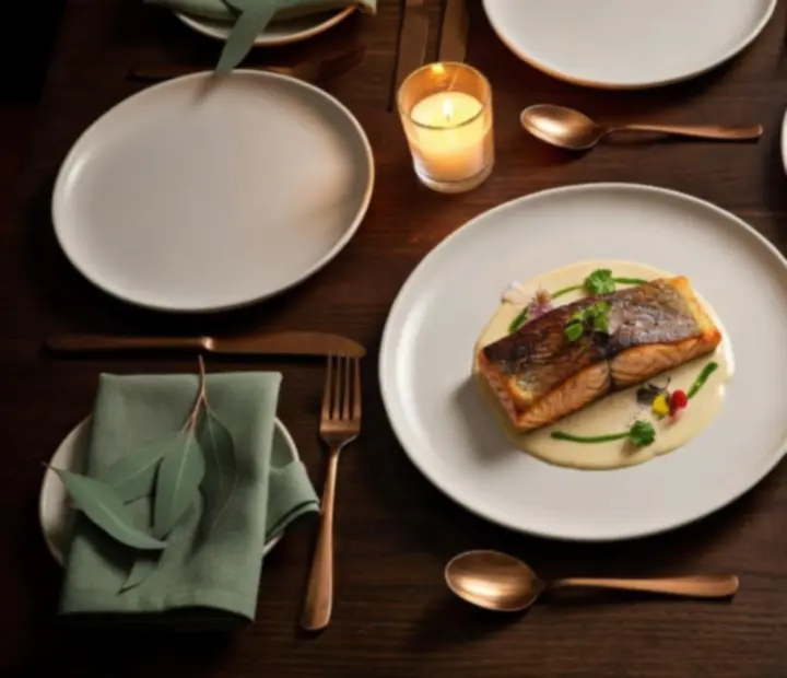Signature dishes plated on a dark timber table in a copper-accented dining room