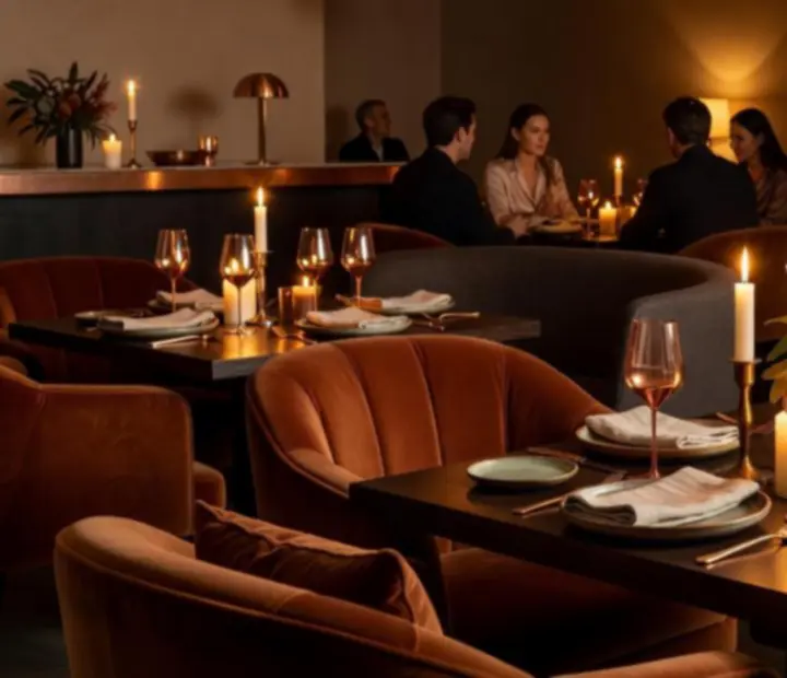 Warmly lit restaurant ambience with copper tones and intimate seating